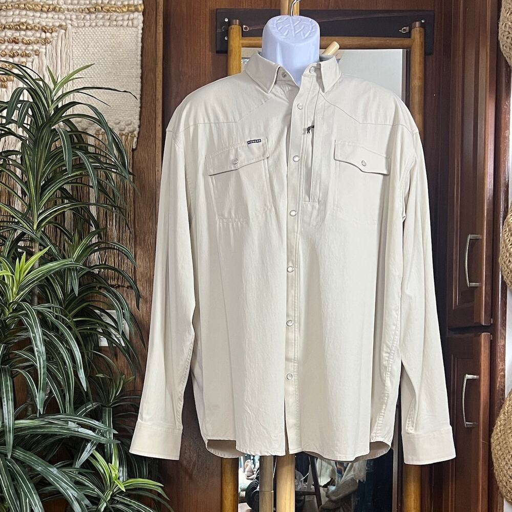 Poncho Pecos Pearl Snap Shirt Mens XL L/S Khaki Tan Western Fishing Performance - Picture 2 of 16